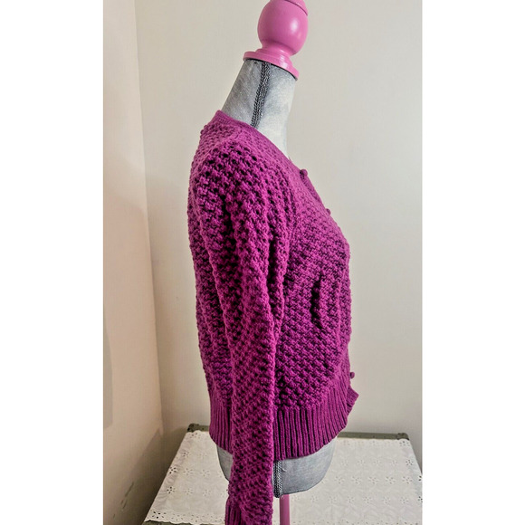 LL Bean Vintage Magenta Pink Open Knit Wool Angora Blend Cardigan Sweater - Picture 2 of 4